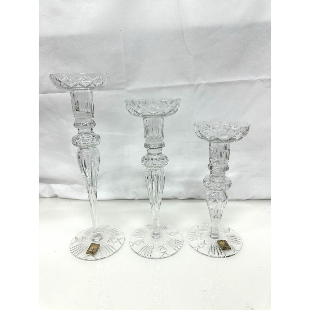 Design Guild Cut Crystal 12" Candlestick Holders Etched Made In Hungary Set of 3
